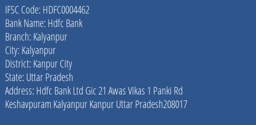 Hdfc Bank Kalyanpur Branch Kanpur City IFSC Code HDFC0004462