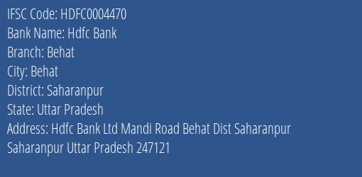 Hdfc Bank Behat Branch Saharanpur IFSC Code HDFC0004470