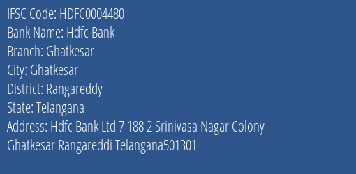 Hdfc Bank Ghatkesar Branch Rangareddy IFSC Code HDFC0004480