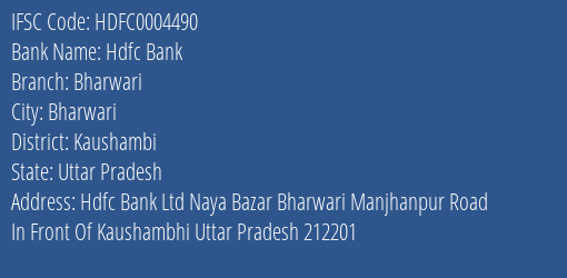 Hdfc Bank Bharwari Branch Kaushambi IFSC Code HDFC0004490