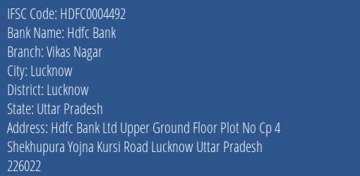 Hdfc Bank Vikas Nagar Branch Lucknow IFSC Code HDFC0004492