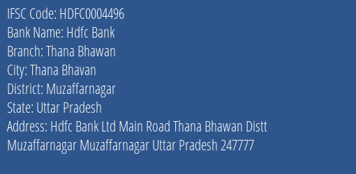 Hdfc Bank Thana Bhawan Branch Muzaffarnagar IFSC Code HDFC0004496