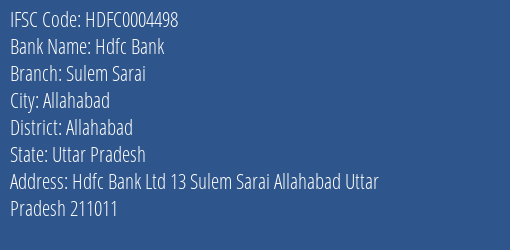 Hdfc Bank Sulem Sarai Branch Allahabad IFSC Code HDFC0004498