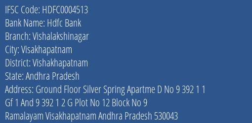 Hdfc Bank Vishalakshinagar Branch Vishakhapatnam IFSC Code HDFC0004513