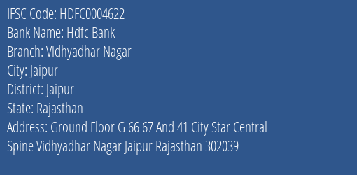 Hdfc Bank Vidhyadhar Nagar Branch Jaipur IFSC Code HDFC0004622