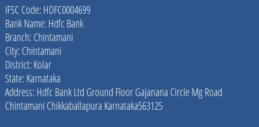 Hdfc Bank Chintamani Branch Kolar IFSC Code HDFC0004699