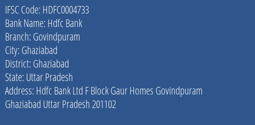 Hdfc Bank Govindpuram Branch Ghaziabad IFSC Code HDFC0004733