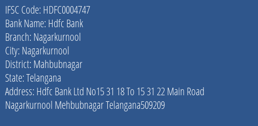 Hdfc Bank Nagarkurnool Branch Mahbubnagar IFSC Code HDFC0004747