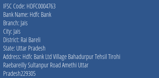 Hdfc Bank Jais Branch Rai Bareli IFSC Code HDFC0004763