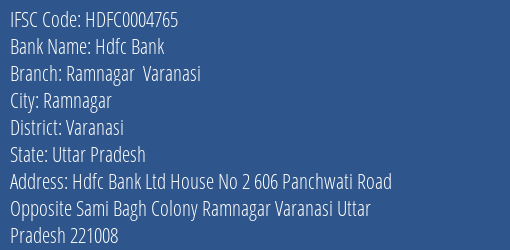 Hdfc Bank Ramnagar Varanasi Branch, Branch Code 004765 & IFSC Code Hdfc0004765