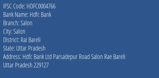 Hdfc Bank Salon Branch Rai Bareli IFSC Code HDFC0004766