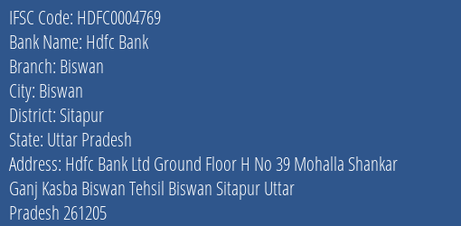 Hdfc Bank Biswan Branch Sitapur IFSC Code HDFC0004769