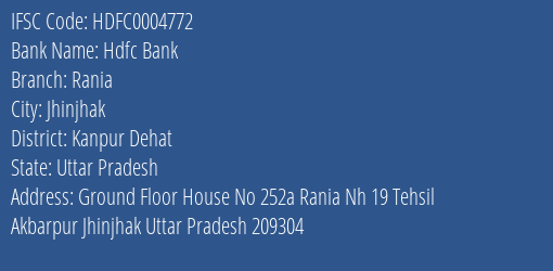 Hdfc Bank Rania Branch Kanpur Dehat IFSC Code HDFC0004772