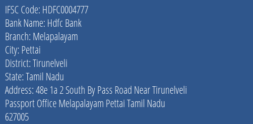 Hdfc Bank Melapalayam Branch Tirunelveli IFSC Code HDFC0004777