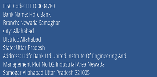 Hdfc Bank Newada Samoghar Branch Allahabad IFSC Code HDFC0004780