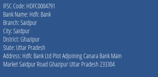 Hdfc Bank Saidpur Branch Ghazipur IFSC Code HDFC0004791