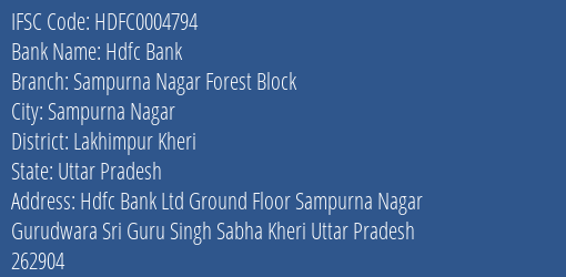 Hdfc Bank Sampurna Nagar Forest Block Branch Lakhimpur Kheri IFSC Code HDFC0004794
