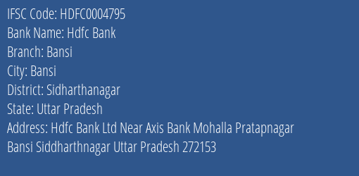 Hdfc Bank Bansi Branch Sidharthanagar IFSC Code HDFC0004795