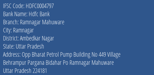 Hdfc Bank Ramnagar Mahuware Branch Ambedkar Nagar IFSC Code HDFC0004797