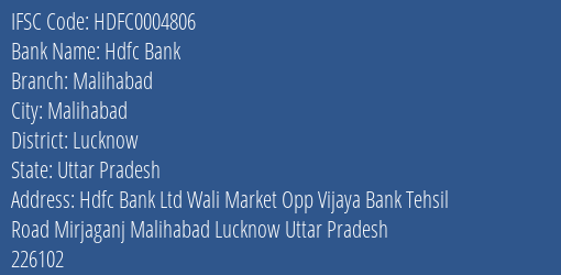 Hdfc Bank Malihabad Branch Lucknow IFSC Code HDFC0004806