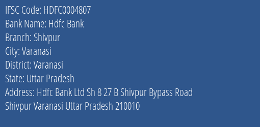 Hdfc Bank Shivpur Branch, Branch Code 004807 & IFSC Code Hdfc0004807