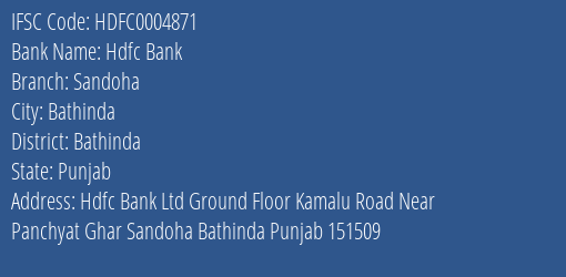 Hdfc Bank Sandoha Branch Bathinda IFSC Code HDFC0004871