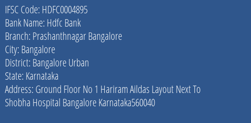 Hdfc Bank Prashanthnagar Bangalore Branch Bangalore Urban IFSC Code HDFC0004895