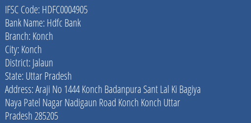 Hdfc Bank Konch Branch Jalaun IFSC Code HDFC0004905