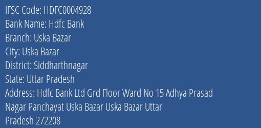 Hdfc Bank Uska Bazar Branch Siddharthnagar IFSC Code HDFC0004928