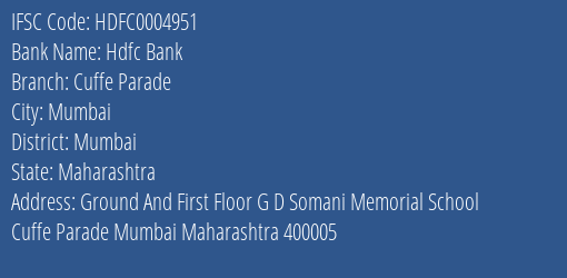 Hdfc Bank Cuffe Parade Branch Mumbai IFSC Code HDFC0004951