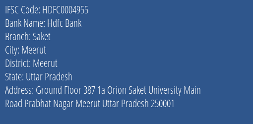 Hdfc Bank Saket Branch Meerut IFSC Code HDFC0004955