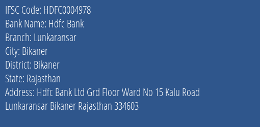 Hdfc Bank Lunkaransar Branch Bikaner IFSC Code HDFC0004978