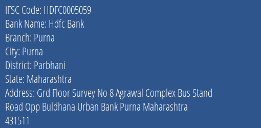 Hdfc Bank Purna Branch Parbhani IFSC Code HDFC0005059