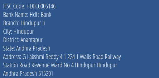 Hdfc Bank Hindupur Ii Branch Anantapur IFSC Code HDFC0005146