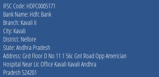Hdfc Bank Kavali Ii Branch, Branch Code 005171 & IFSC Code HDFC0005171