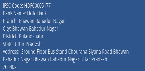Hdfc Bank Bhawan Bahadur Nagar Branch Bulandshahr IFSC Code HDFC0005177
