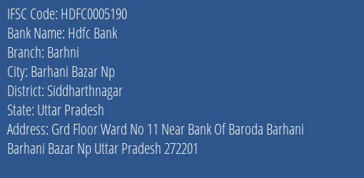Hdfc Bank Barhni Branch Siddharthnagar IFSC Code HDFC0005190