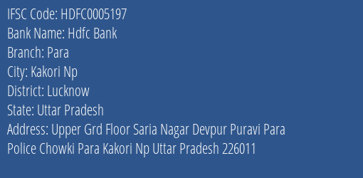 Hdfc Bank Para Branch Lucknow IFSC Code HDFC0005197