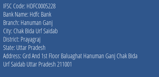 Hdfc Bank Hanuman Ganj Branch Prayagraj IFSC Code HDFC0005228