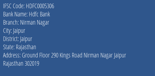 Hdfc Bank Nirman Nagar Branch Jaipur IFSC Code HDFC0005306