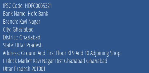 Hdfc Bank Kavi Nagar Branch Ghaziabad IFSC Code HDFC0005321
