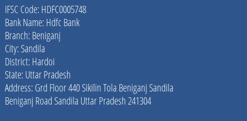 Hdfc Bank Beniganj Branch Hardoi IFSC Code HDFC0005748