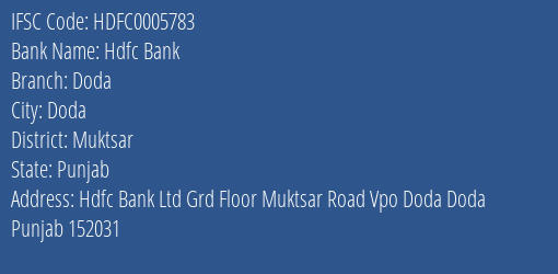Hdfc Bank Doda Branch Muktsar IFSC Code HDFC0005783
