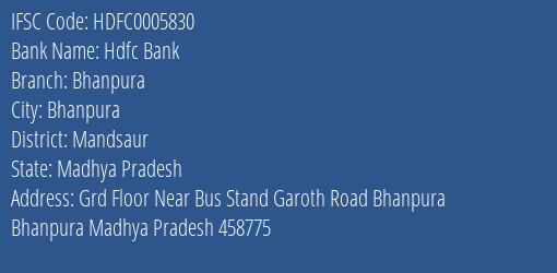 Hdfc Bank Bhanpura Branch Mandsaur IFSC Code HDFC0005830