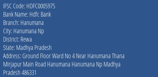 Hdfc Bank Hanumana Branch Rewa IFSC Code HDFC0005975