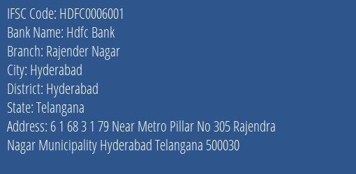 Hdfc Bank Rajender Nagar Branch Hyderabad IFSC Code HDFC0006001