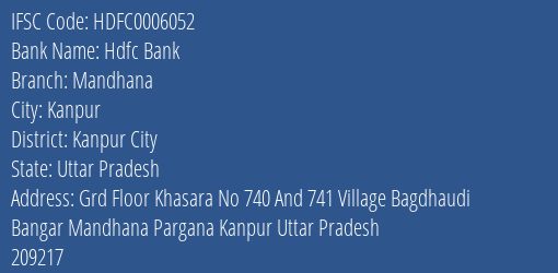 Hdfc Bank Mandhana Branch Kanpur City IFSC Code HDFC0006052