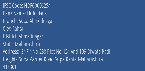 Hdfc Bank Supa Ahmednagar Branch Ahmadnagar IFSC Code HDFC0006254