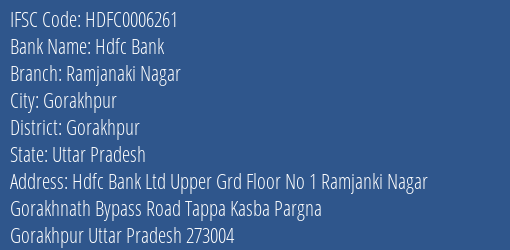 Hdfc Bank Ramjanaki Nagar Branch Gorakhpur IFSC Code HDFC0006261