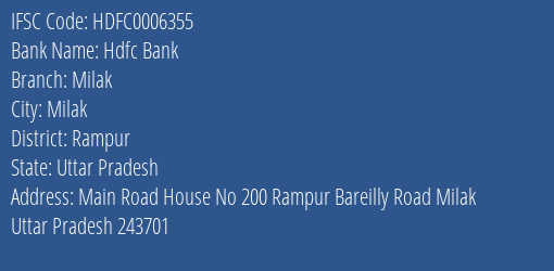 Hdfc Bank Milak Branch Rampur IFSC Code HDFC0006355